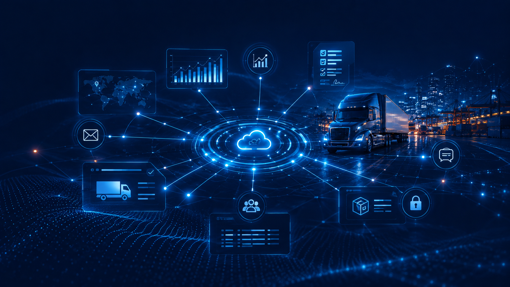 Conceptual logistics integration network connecting cloud systems, fleet data, communication, security, and operational applications.