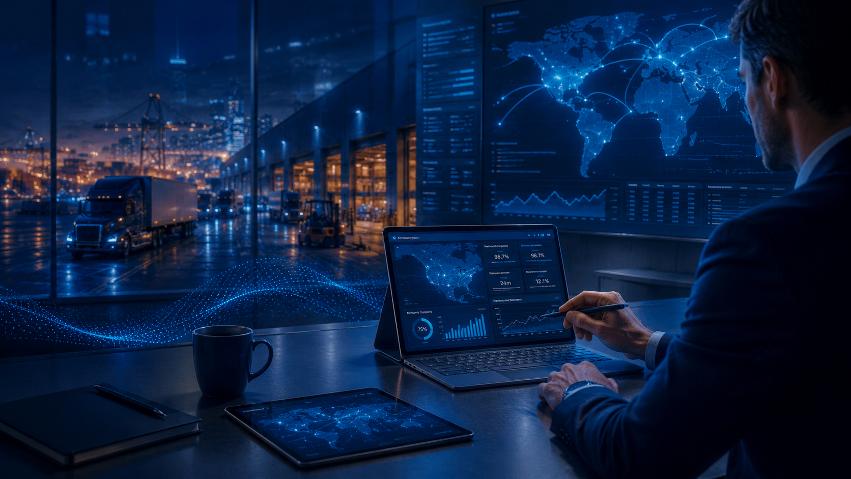 Operations professional reviewing fleet and logistics dashboards in a modern command-center environment.